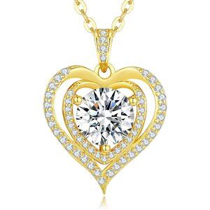 Sterling Silver 1.0 Carat Moissanite Heart Pendant Necklace for Women, Gold Plat